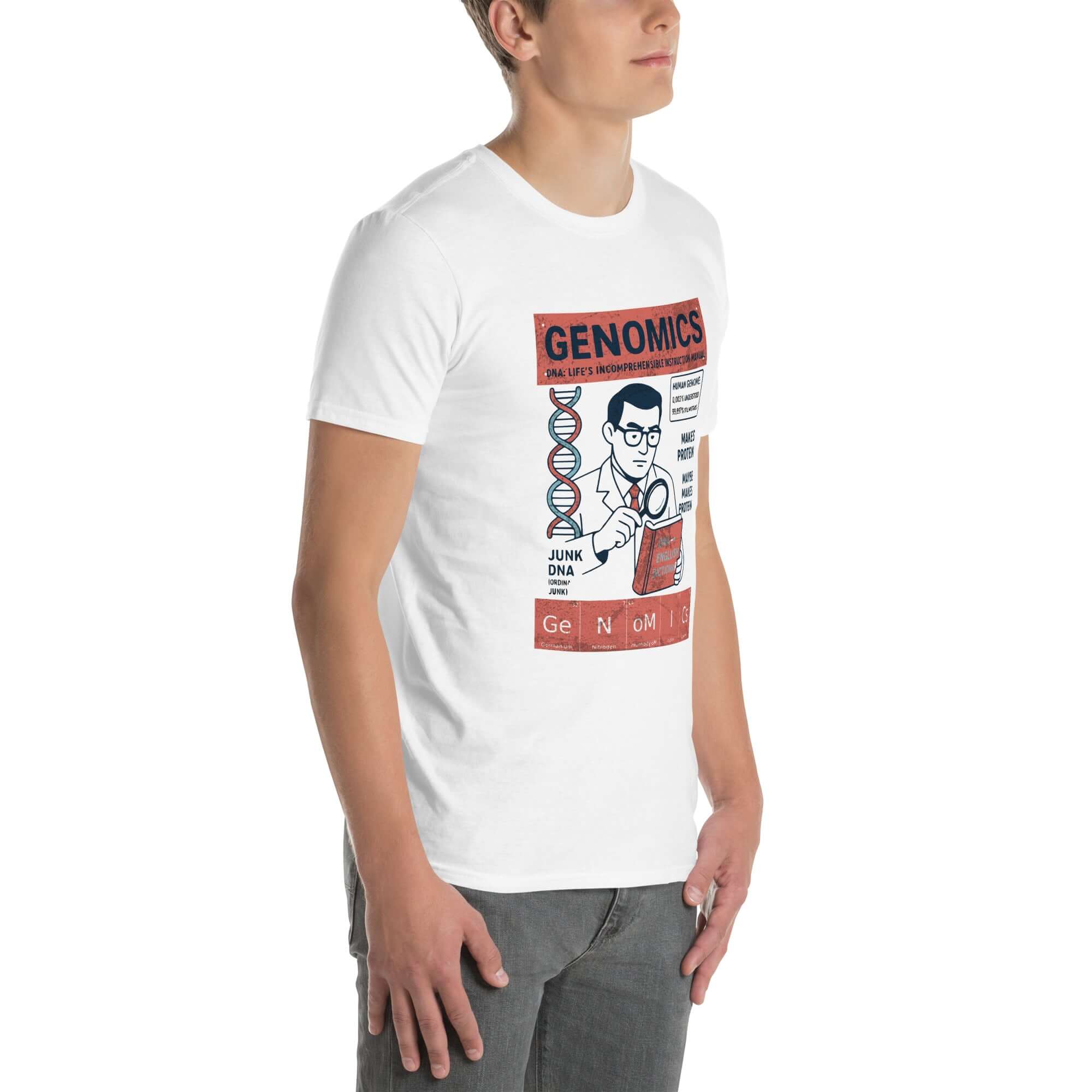 Genomics T-shirt with vintage design, celebrating genetic code reading, showcased on a male model. Retro scientific poster style.