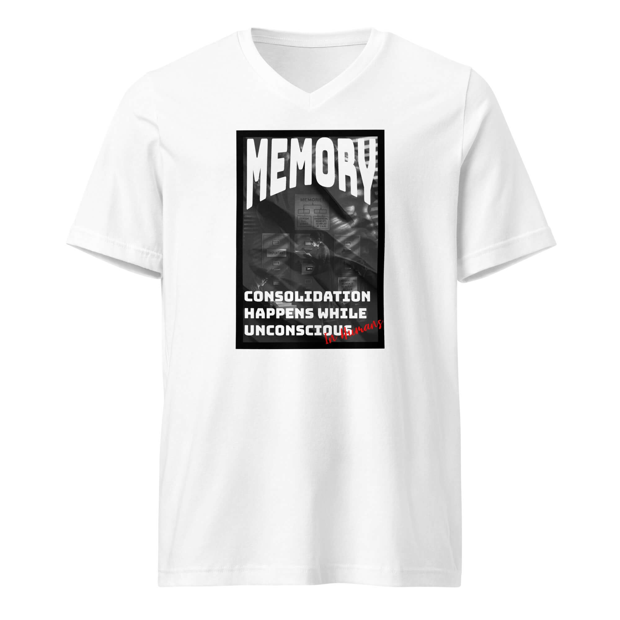 Vintage neuroscience noir Memory T-Shirt featuring 'Consolidation Happens While Unconscious' theme in monochrome.