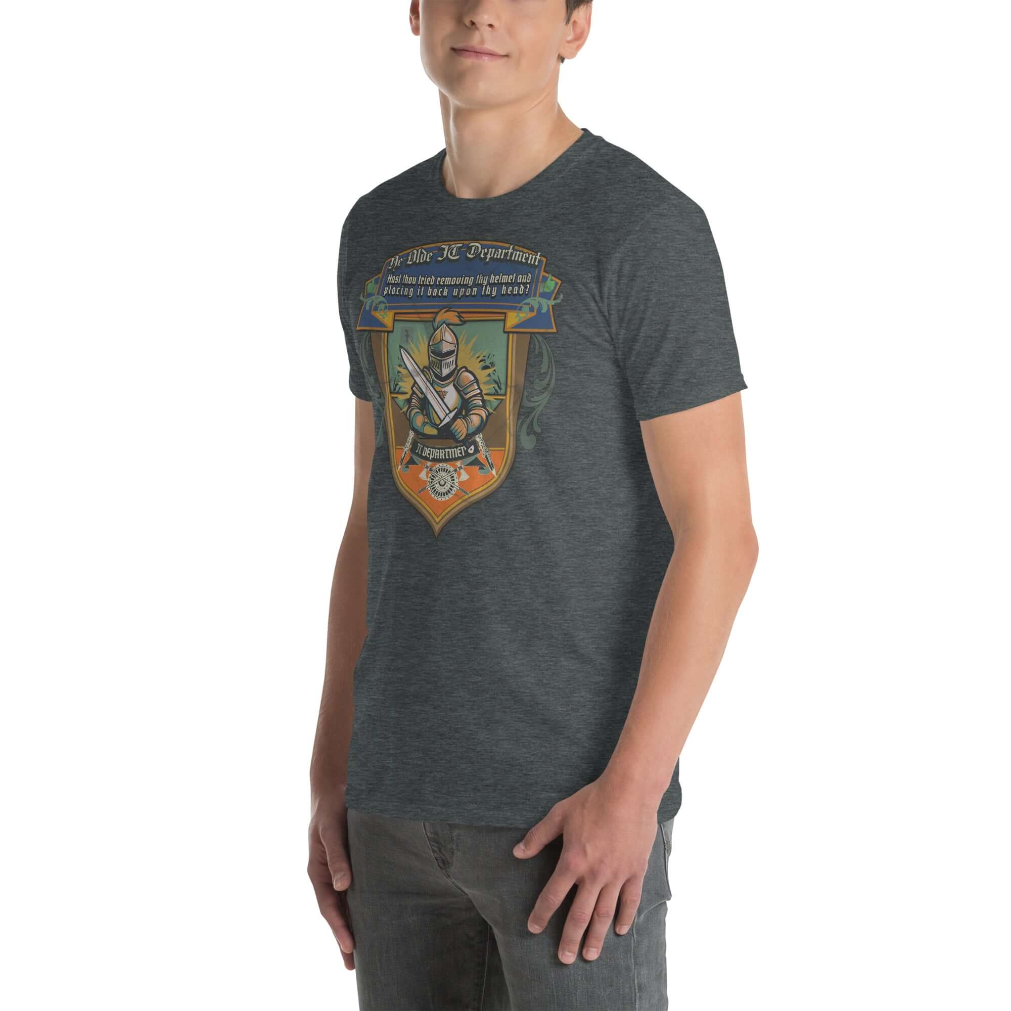 Medieval tech humor t-shirt with knight and text "Ye Olde IT Department" on gray background.